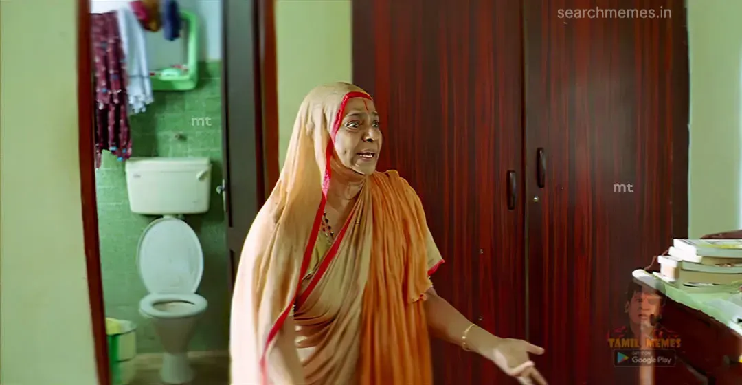Woman in traditional attire gesturing angrily in a house