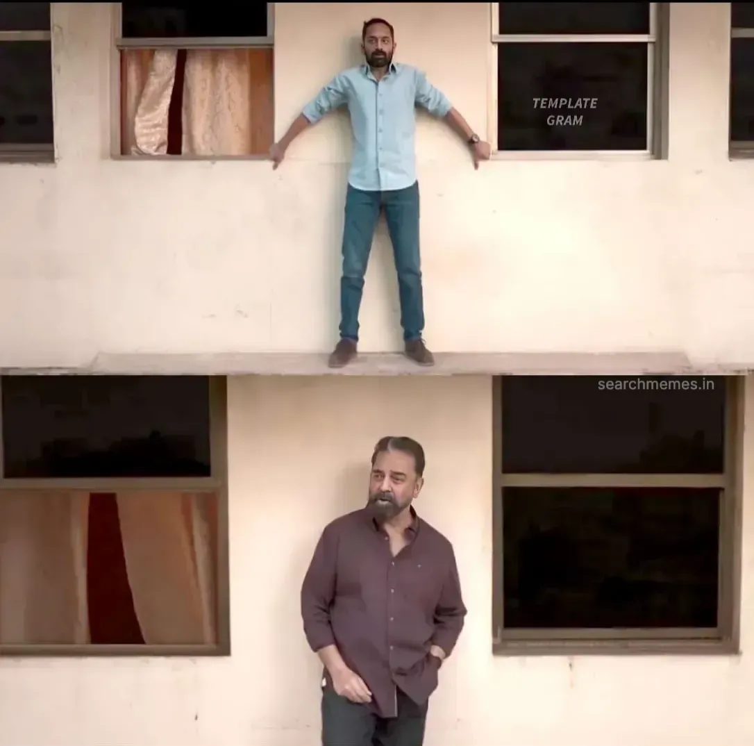Kamal Haasan standing steady while Fahadh Faasil balances cautiously on a ledge