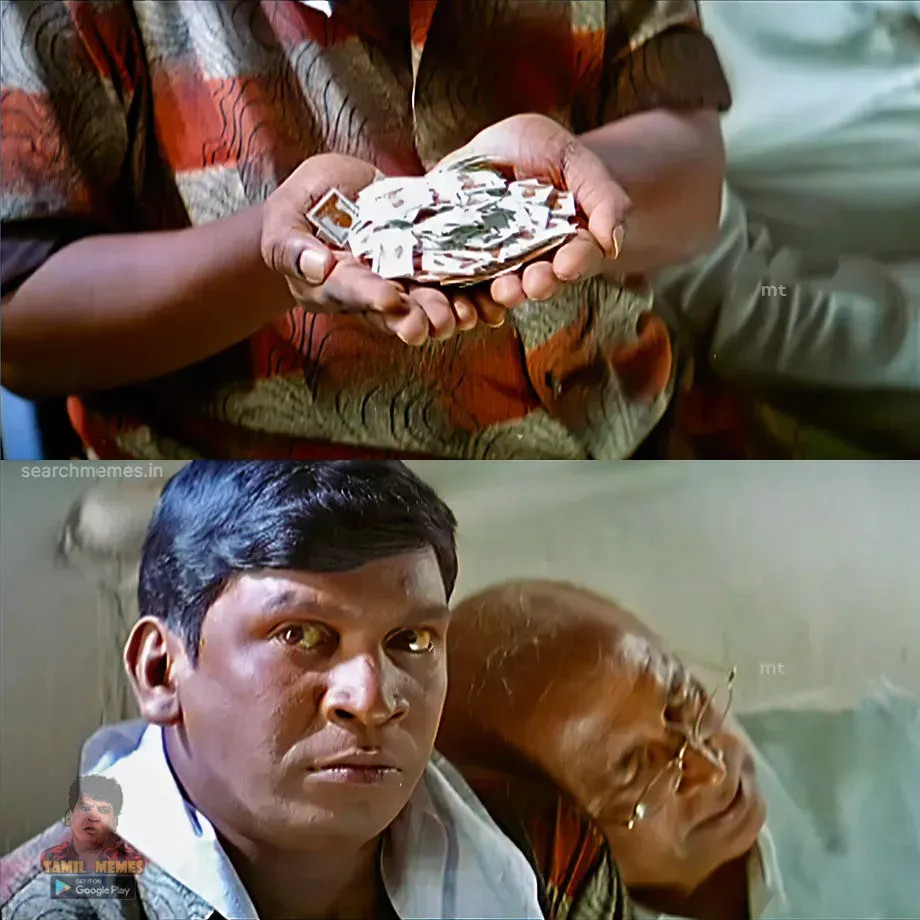 Hands presenting stamps above and Vadivelu staring with intense fury below