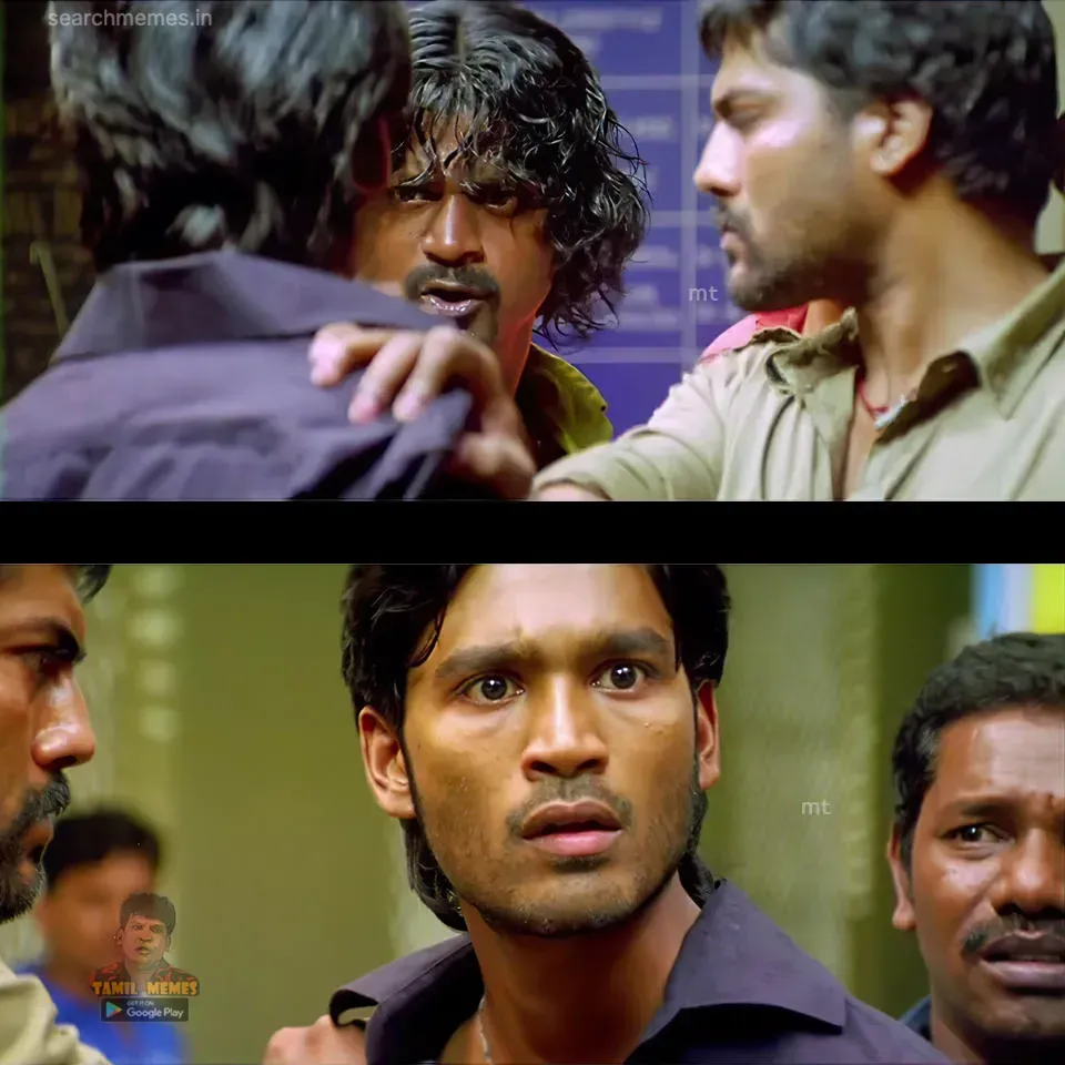 Two panels: top shows Dhanush in a confrontation, bottom shows his intense and determined expression.