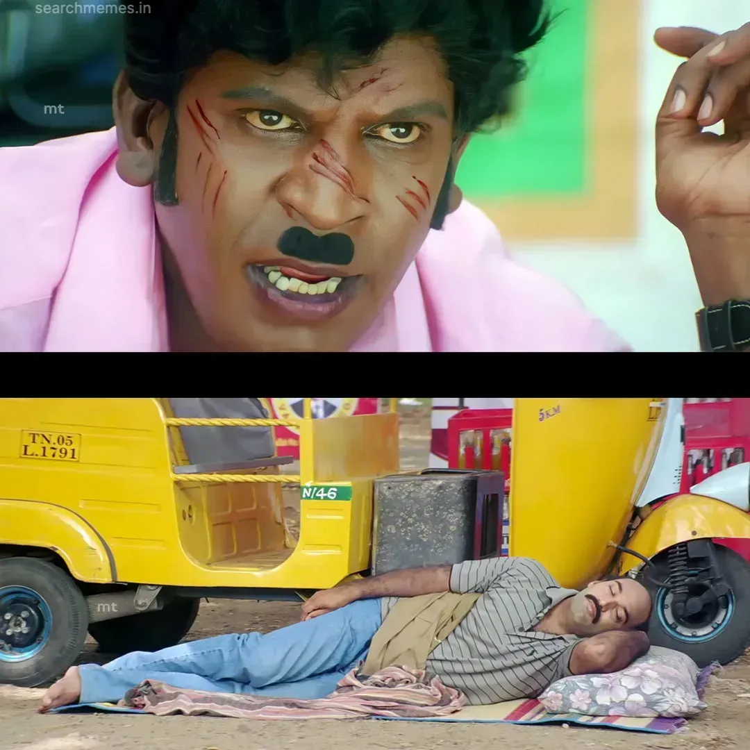 Vadivelu looking around with an earnest, searching expression