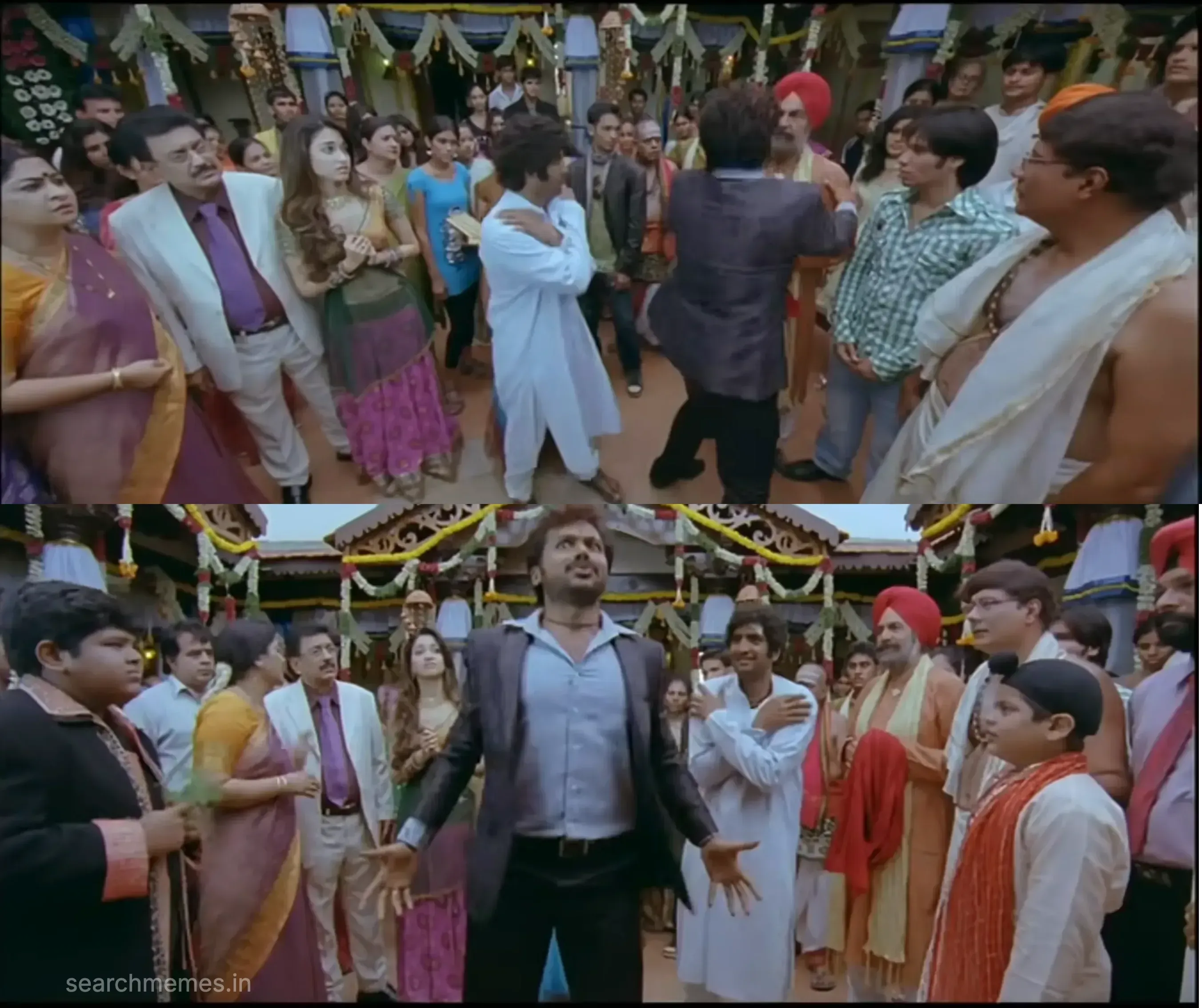 Santhanam with arms outstretched questioning the people in front of him