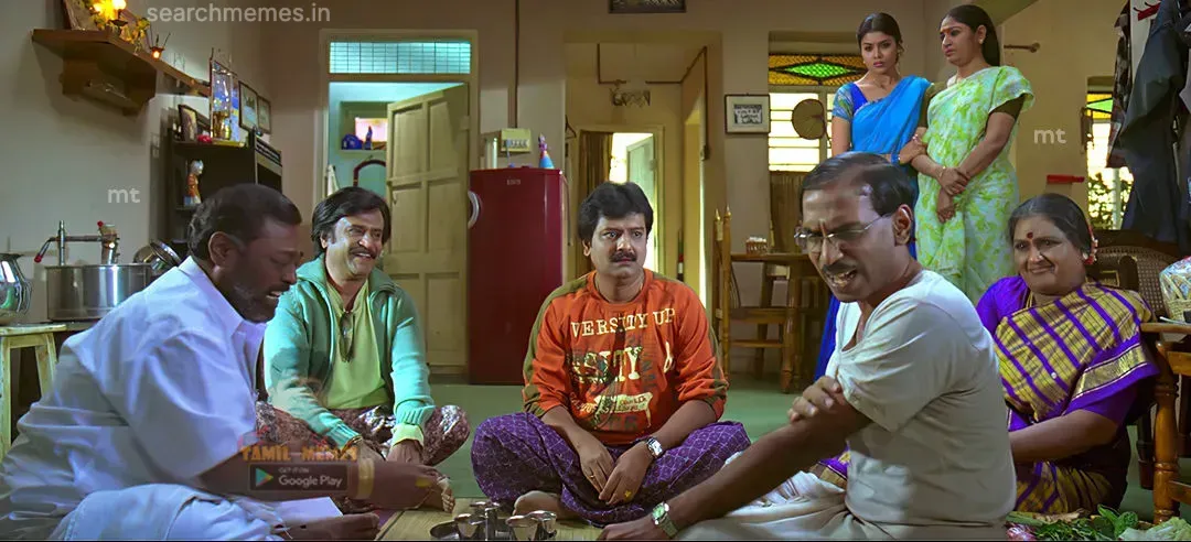 Pattimandram Raja sitting on the floor talking to Vivek and Rajinikanth