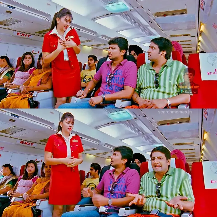 Santhanam seated on an airplane making funny sarcastic facial gestures
