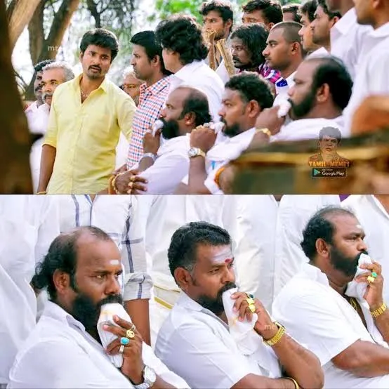 Sivakarthikeyan speaking with open hands in front of a seated rural crowd