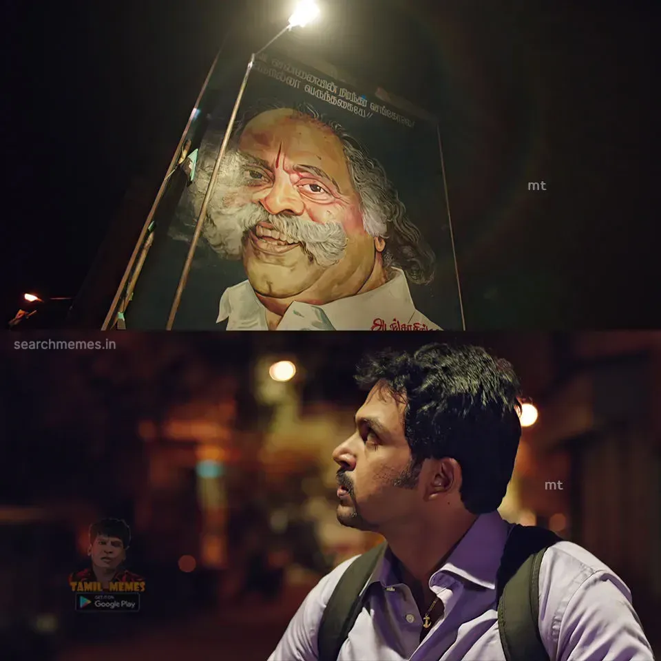 Karthi gazing upwards at a large painted wall mural during night time