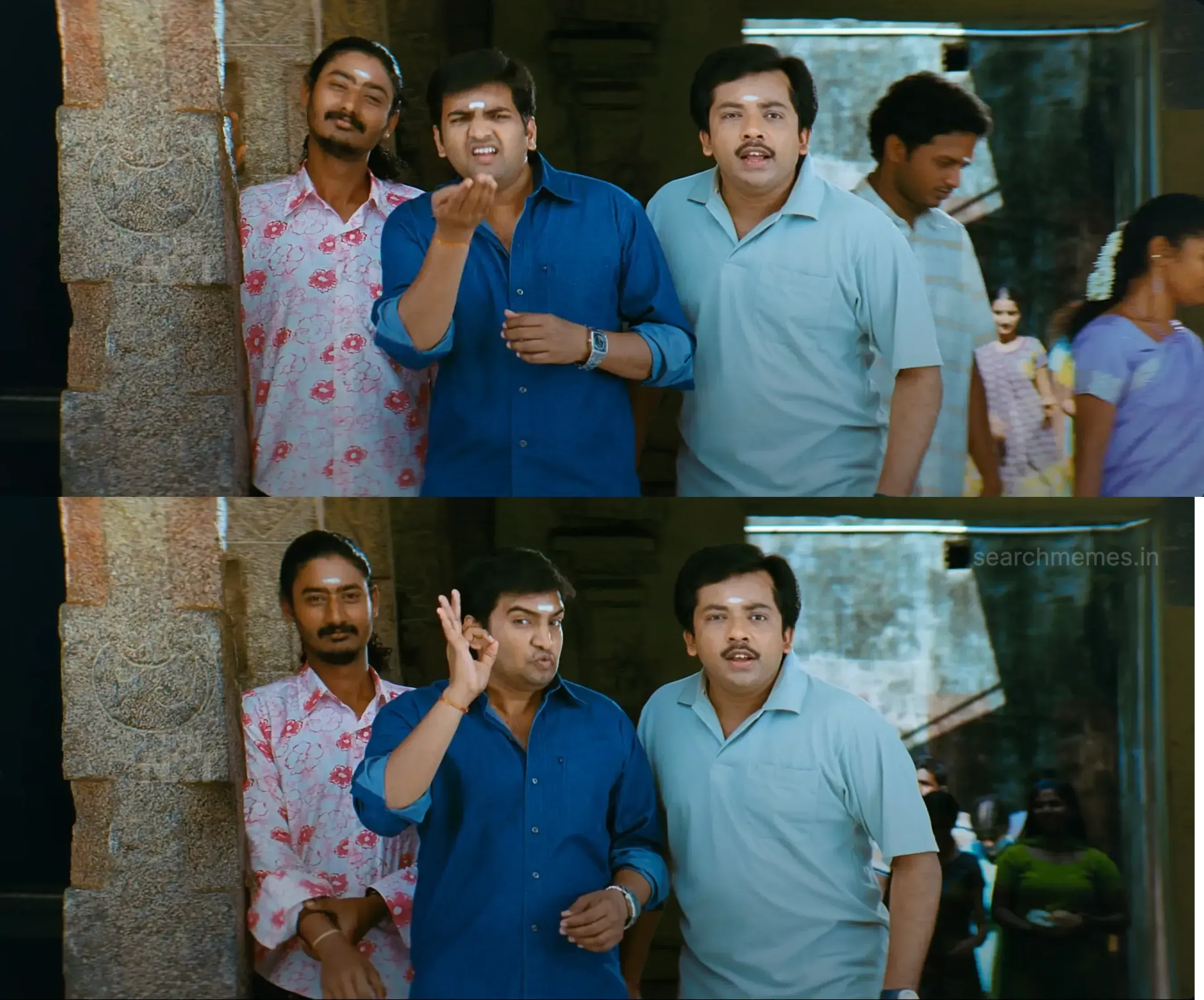 Two panel image of Santhanam gesturing encouragement alongside friends in temple