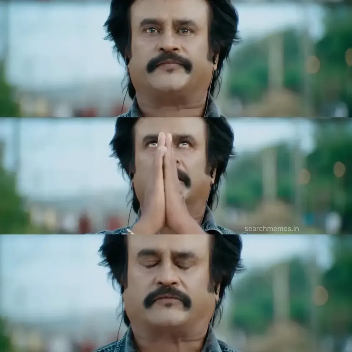 Three-panel sequence of Rajinikanth folding hands and closing eyes in prayer