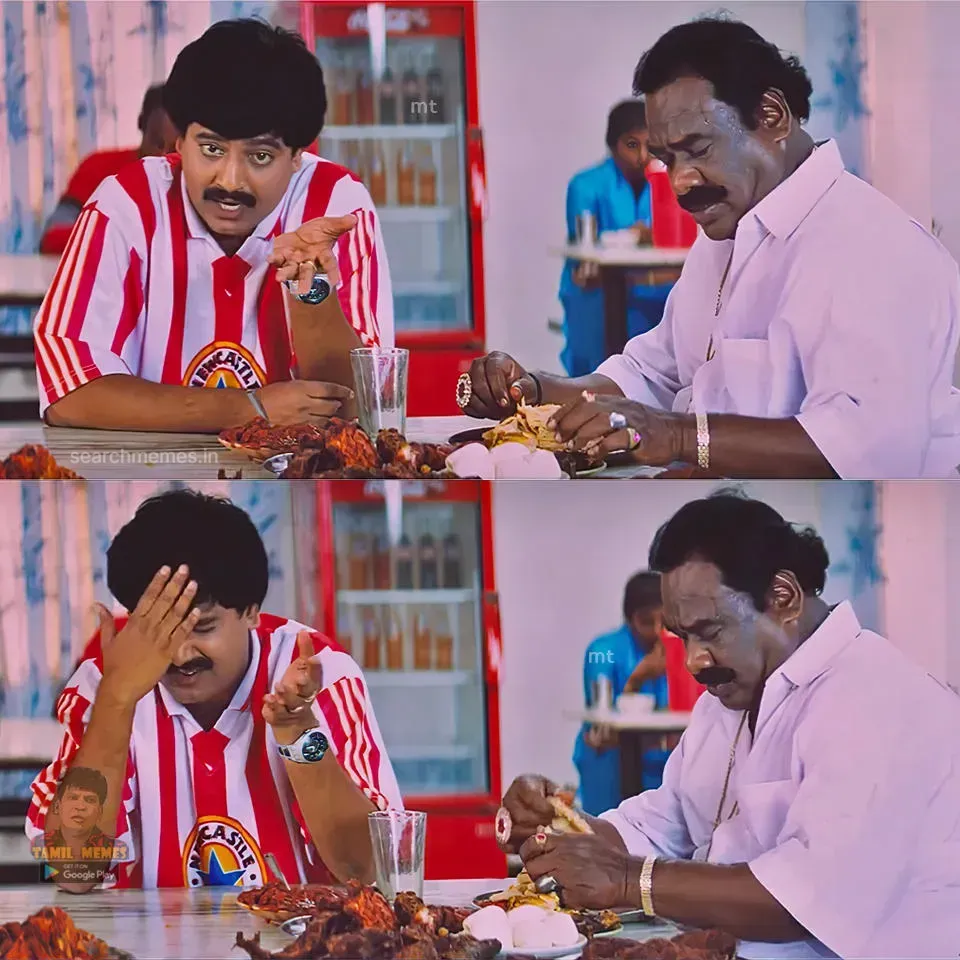 Vivek gesturing and facepalming in disbelief at an eatery table