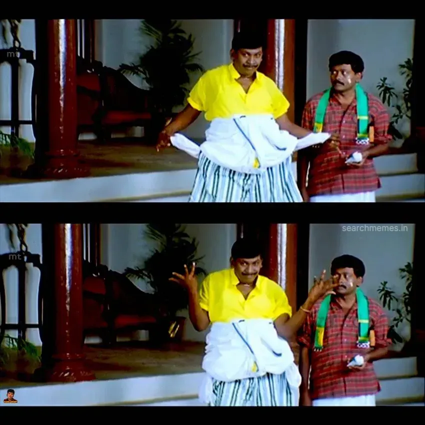 Vadivelu from Englishkaran showing his empty pockets, gesturing 'nothing'.