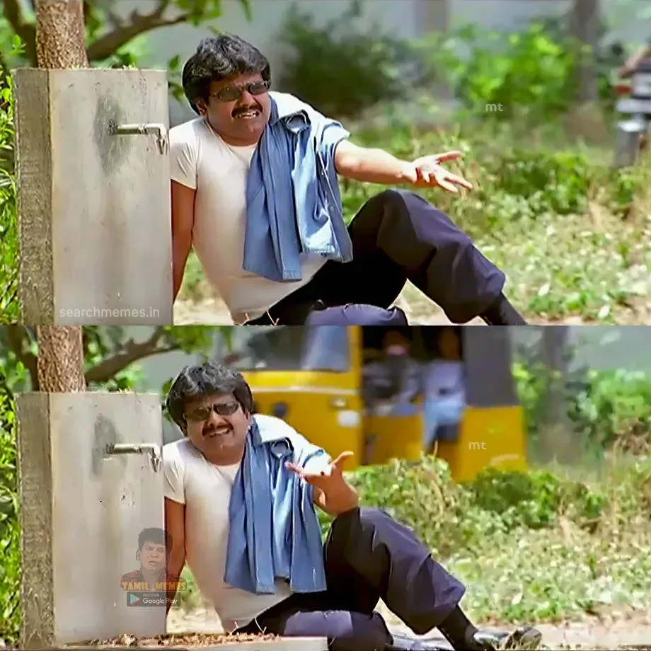 Vivek seated on the pavement next to a water tap waving his hand in annoyance