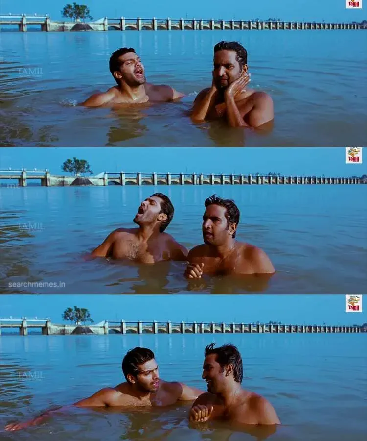 Santhanam leaning forward asking Arya to sing loudly after mishearing pardon