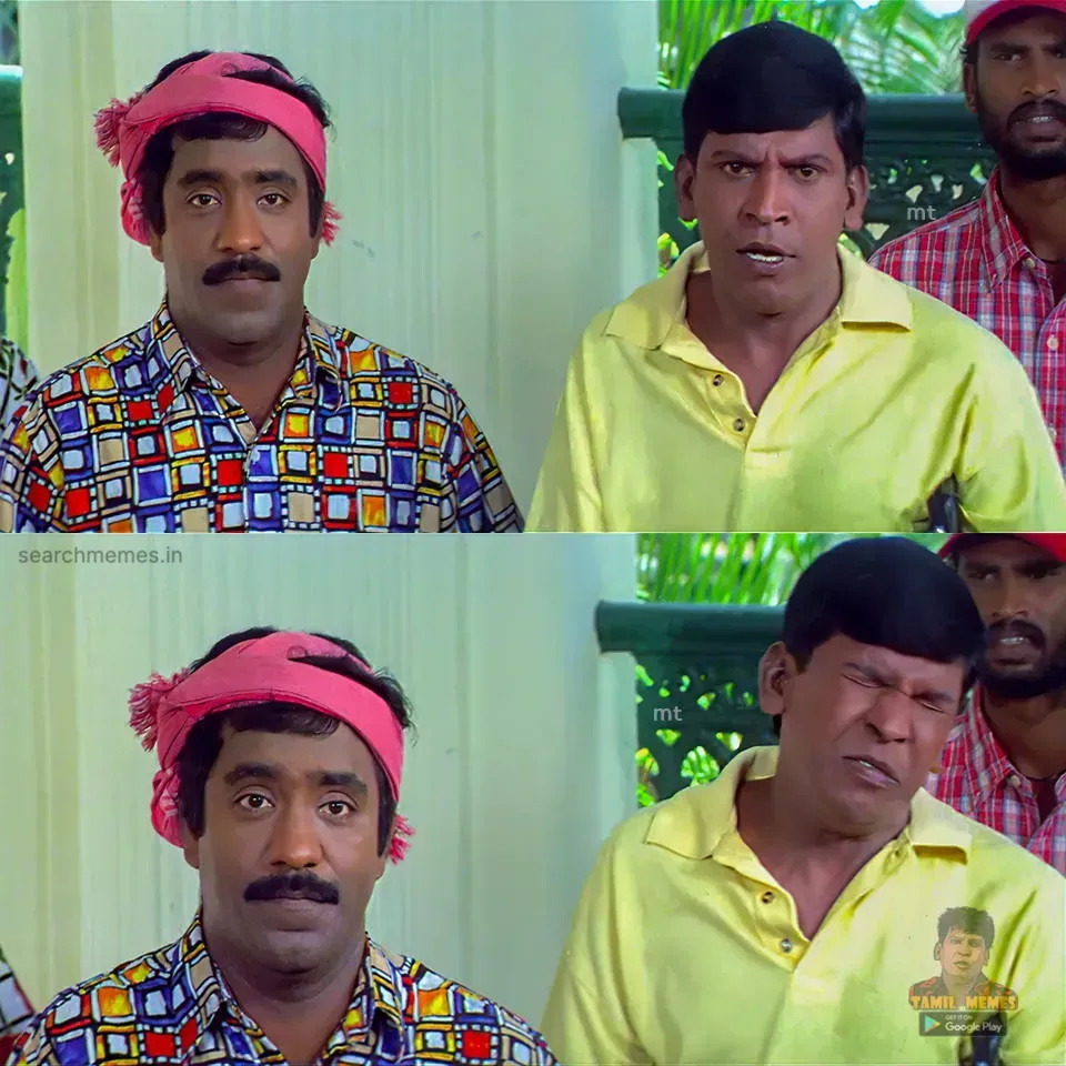 Vadivelu pointing straight at Charlie with an exasperated blunt expression