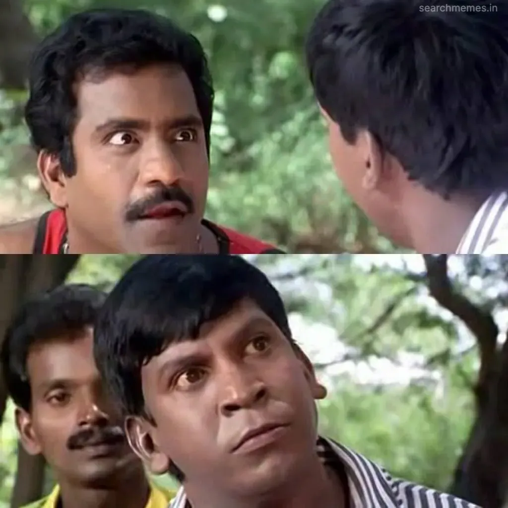 Charlie enthusiastically reporting details to a skeptical Vadivelu