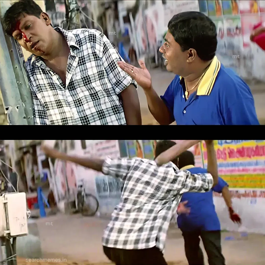 Vadivelu glaring at Bonda Mani and then chasing him down an alley with a wooden plank in Aaru