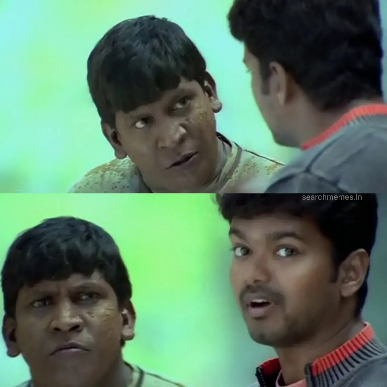 Vadivelu talking animatedly with Vijay while making excuses to a professor