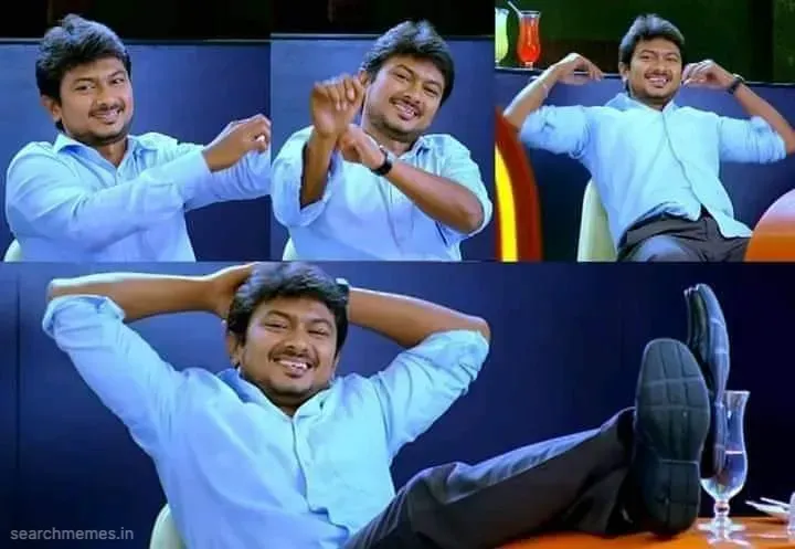 Four panels showing Udhayanidhi Stalin happily dancing, raising his collar, and relaxing with a smile.
