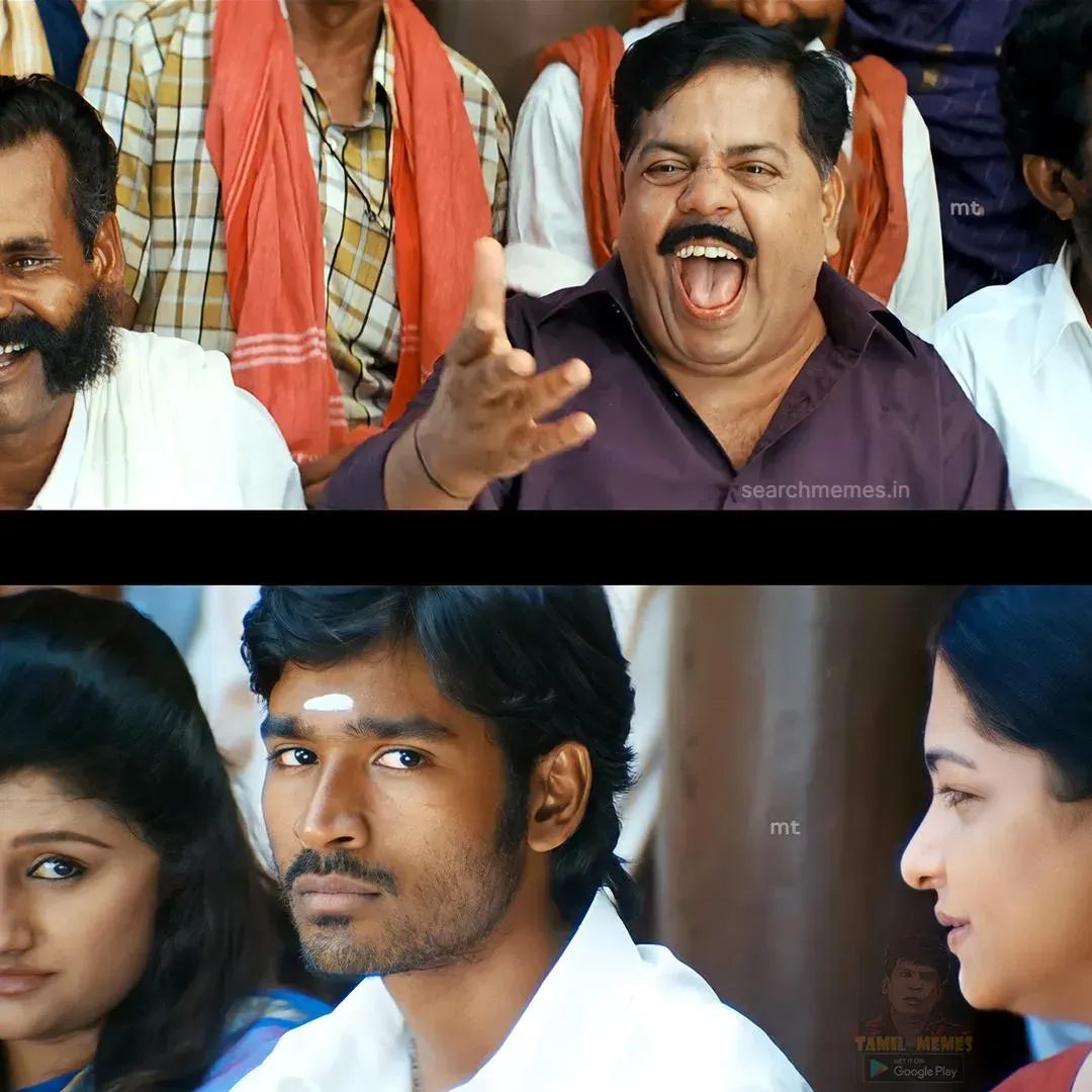 Dhanush and Swaminathan staring with sour unamused faces