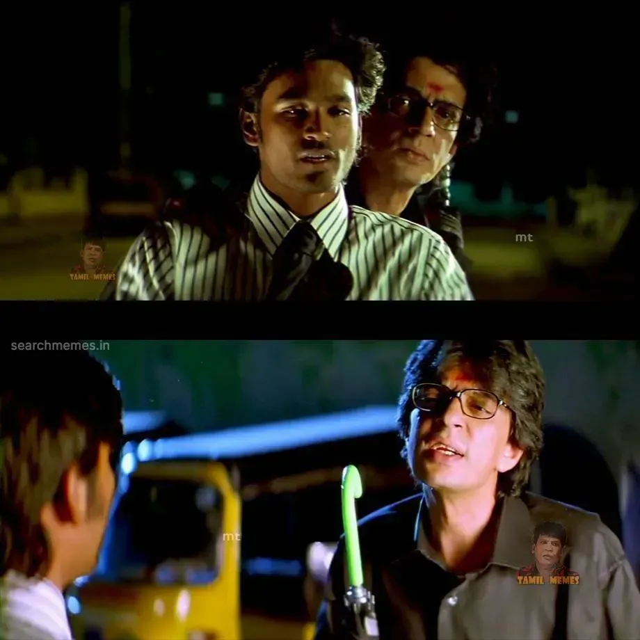 Raghuvaran looking sternly at Dhanush, who is on a bike, in a two-panel image.