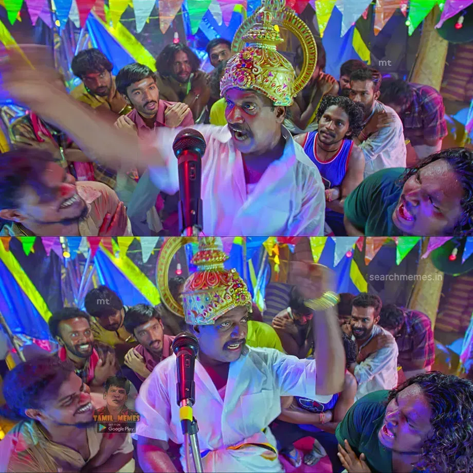 A man in traditional attire singing passionately into a microphone surrounded by an energetic crowd from Pudhupettai.