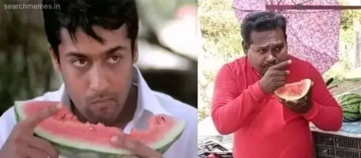 Split image of Suriya eating watermelon and a man mimicking him