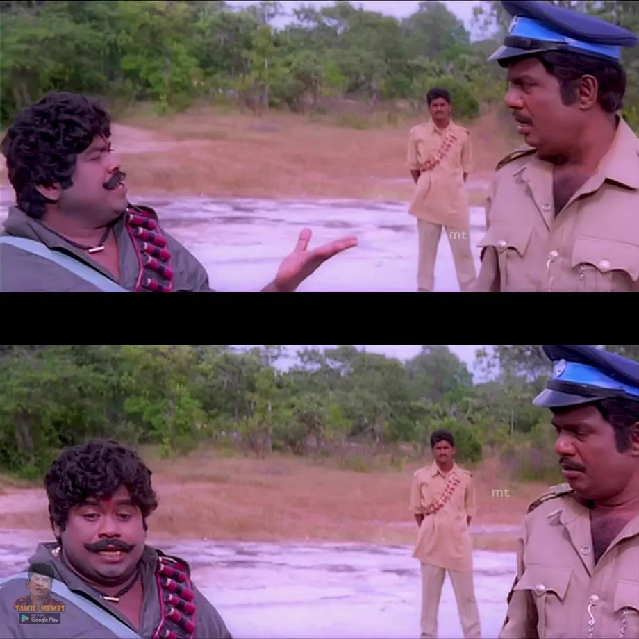 Senthil with wig and fake mustache dressed as a bandit talking to policeman Goundamani in the forest