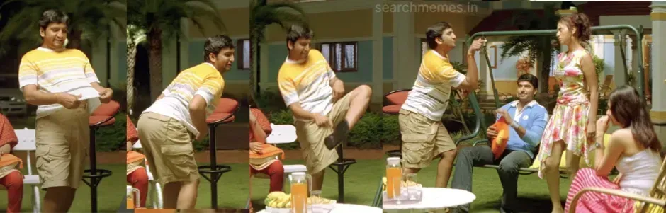 Four panel sequence of Santhanam doing a funny awkward dance on a lawn